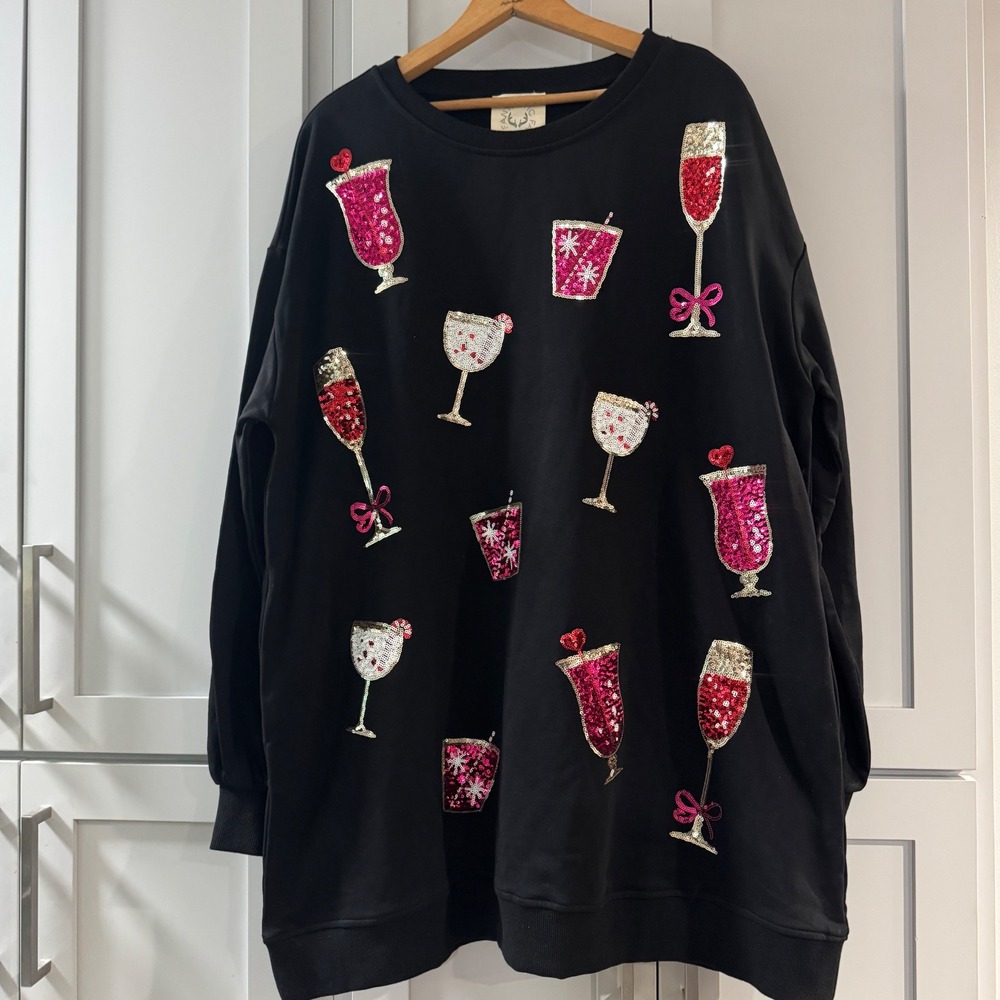 NWT Fantastic Fawn Drinks Sequin Pullover Sweatshirt Dress Black Large Fun Party